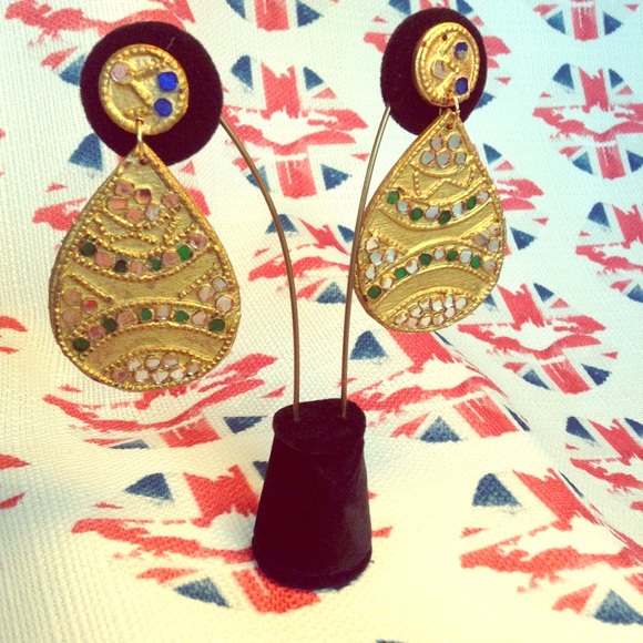 1960's Gold & Jewel Mirror Fleck Earrings - Picture 1 of 6